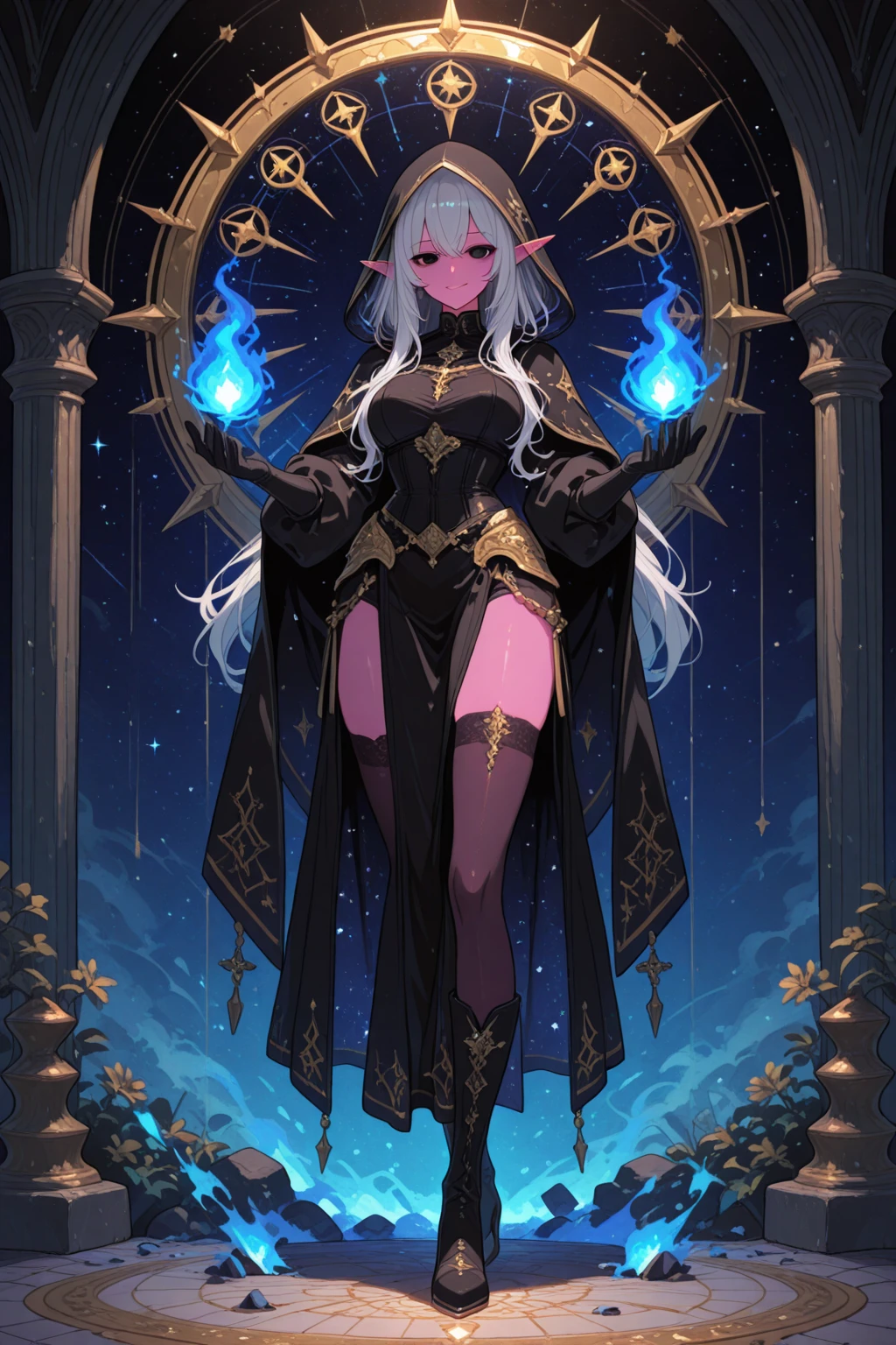 A diabolical queen on her throne. With infinite beauty and eyes of incredible expressiveness. Vestido de una manera encantadora, She carries a strange sword in her hands........ Around its demonic energy flows like flares of intense color..
