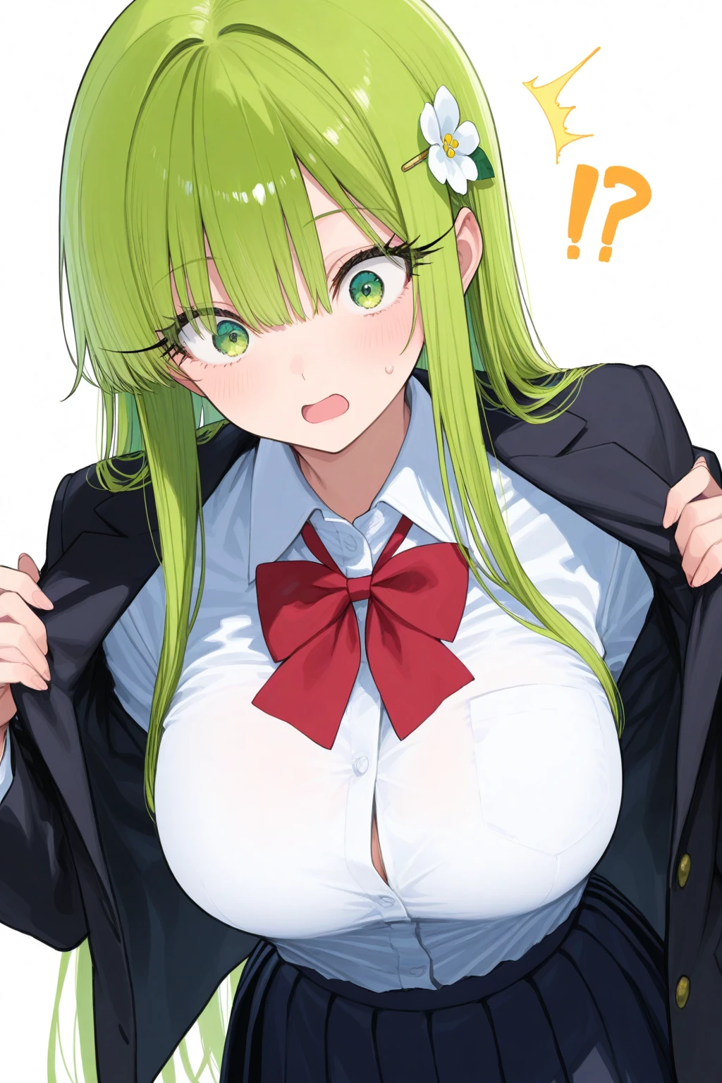(loli:1.5), gigantic breasts,blonde hair,green hair,two-tone hair,multicolored hair,(brown eyes:1.5),(forehead:1.2),,extra long hair,swept bangs,(ahegao face:1.5), build,skirt, bow, school uniform, jacket, blazer,,{{beautiful detailed eyelashes}}, standing,solo,{{{{{{{{bed}}}}}}}},bow ribbon,hair ornament
