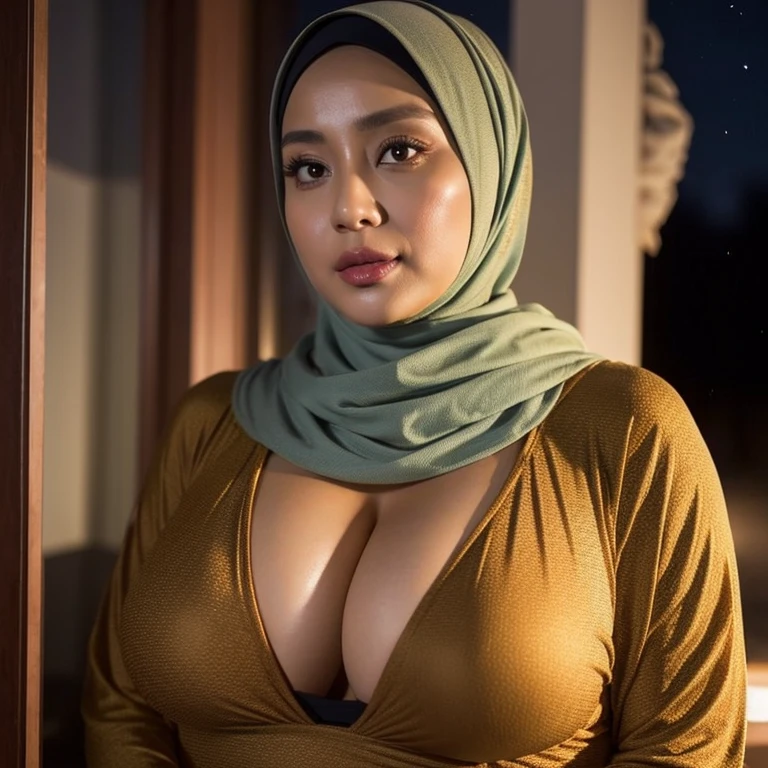 46 years Old, ((Hijab Indonesian Beautiful Middle Age woman)), Massive Gigantic Saggiest Breast : 8, Tight See-Through Pajamas, ((Busty Thicc Body)), ((Realistic Perfect Six Pack abs)), ((Thicc Fitness Body)), ((Navel Piercing)), Breast about To burst out from her clothes, at doctor office, Dark light, at Nighttime