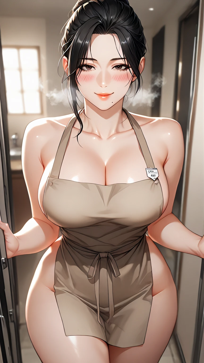 (Mature Woman:1.5), (mother:1.5), Ishtar, Fate Grand Order, (absurderes, 8K, 4K, masutepiece, hyper extreme detailed:1.2), Best Quality, Perfect Anatomy,Perfect face,Facing forward,High humidity, (alone:1.2), (Sweaty:1.3), shortness of breath, High humidity, humid, (Black Hair:1.1), Red eyes, Looking into the camera, (Very large breasts:1.5), Light clothing, apron, (kitchen;1.1), (Having a conversation:1.5), (Speech bubble:1.2), A kind smile, relief, peace of mind, mother性, Cooking, have a ladle, pot, pot-au-feu