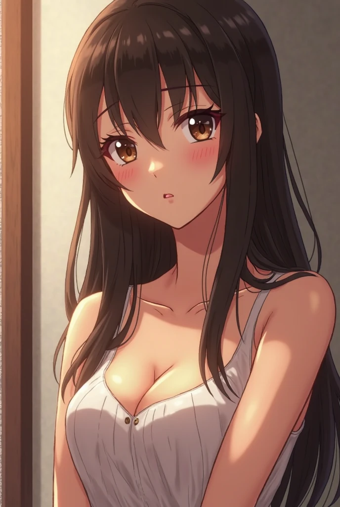 (upper body:1.4),(masterpiece:1.3),Portraiture, Realistic, (Brown eyes:1.3), (Black Hair:1.3),(Long Straight Hair:1.3),(18-year-old:1.3),(Big Breasts:1.3),(White underwear:1.4),Beautiful breasts,Beautiful underwear,Beautiful Hair,Beautiful Face,8K resolution, High quality CG, Beautiful CG,(slim:1.3),Soft Light,(arms behind back:1.4),( smile:1.3),(focus face:1.4),Ultra-high resolution,Highly detailed CG Unity 8k wallpaper,(Aesthetic Anime Eyes),(White underwear:1.4),