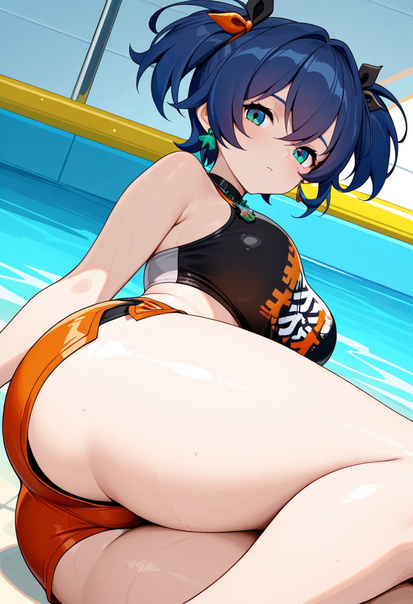 (High reality photograph, high resolusion, detailed face, detailed eyes), 1girl, (gaunt, short stature:1.5), 20 years old, (ssrsuit:1.5), cute face, (cameltoe:1.3), (narrow waist:1.4), (thin legs:1.4), (big breasts:1.5), (Showcasing cleavage, underboob:1.5), emerald eyes, (cute eyes:1.4), (pale skin:1.4), (shiny skin:1.4), (armpit:1.3), (open legs:1.4), (full body:1.1), poolside, (erect nipples:1.1)