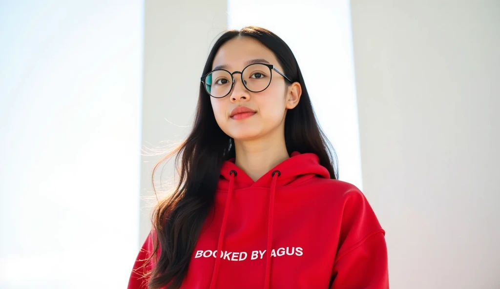 live-action、Real、Beautiful taiwanese women、oversized plain RED hoodie with bold "BOOKED BY AGUS" stacked text in , expose thighs、plain white sneakers、long BLACK Hair、long Hair、Hair blowing in the wind、glasses 、 buttocks、pro model Dynamic pose、Dynamic facial expression、profile、White background, cute, ((Round glasses:1.3)), Pink-blonde long hair, lines of sun light beams shining through a narrow slit, dramatic and moody lighting, shadows falling across the face and body, cinematic atmosphere, hyper-realistic, fashion editorial style, magazine photoshoot, volumetric lighting, dim light, chiaroscuro, highly detailed, 4K, masterpiece, extremely dramatic fashion photography, cute chubby face, short body
