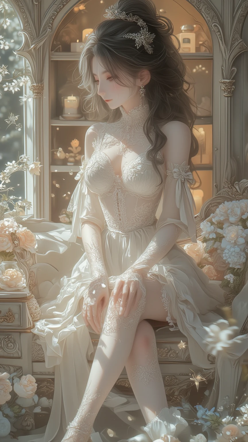 (Best Quality), ((Masterpiece), (Detail: 1.4), 3D, (Silver: 1.9), (Bun: 1.3), Face Close-up, Extremely Normal Hands, Extremely Normal Legs, Elf Long Ears, Wedding Dress, High Heels, HDR (High Dynamic Range), Ray Tracing, NVIDIA RTX, Super-Resolution, Unreal 5, Subsurface Scattering, PBR Textures, Post Processing, Anisotropic Filtering, Depth of Field, Maximum sharpness and sharpness, multi-layer textures, albedo and highlight maps, surface shading, accurate simulation of light-material interactions, perfect proportions, Octane Render, two-color light, large aperture, low ISO, white balance, rule of thirds, 8K RAW,