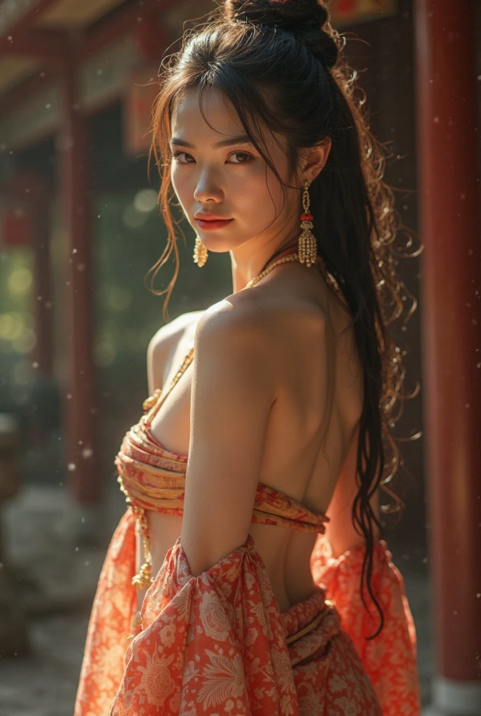 Masterpiece, (best quality: 1.3), super high resolution, original photos, detailed skins, beautiful lighting, (realistic, realistic: 1.4), 1girl, Dunhuang, Gobi Beach, sunset, movie lighting