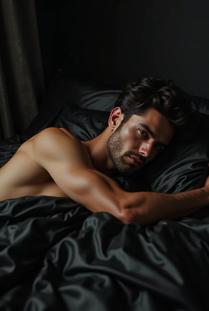 Make an emotional male model, laying down,black and white