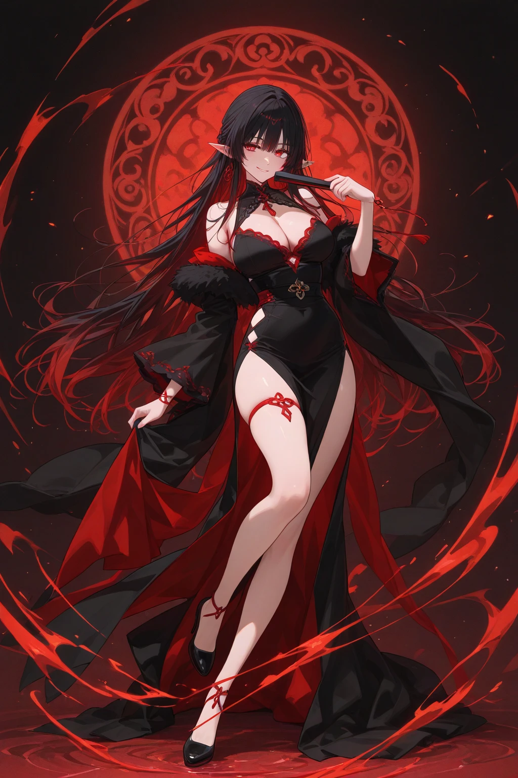 ((Highest quality)), ((masterpiece)), (be familiar with),One female,Black Hair,Red eyes,Black Dress,Chest tattoo, Bewitching Smile,Heel,Black Hair,Hair tied around the neck,Red shawl,Erect nipples,(whole body),Slanted Eyes