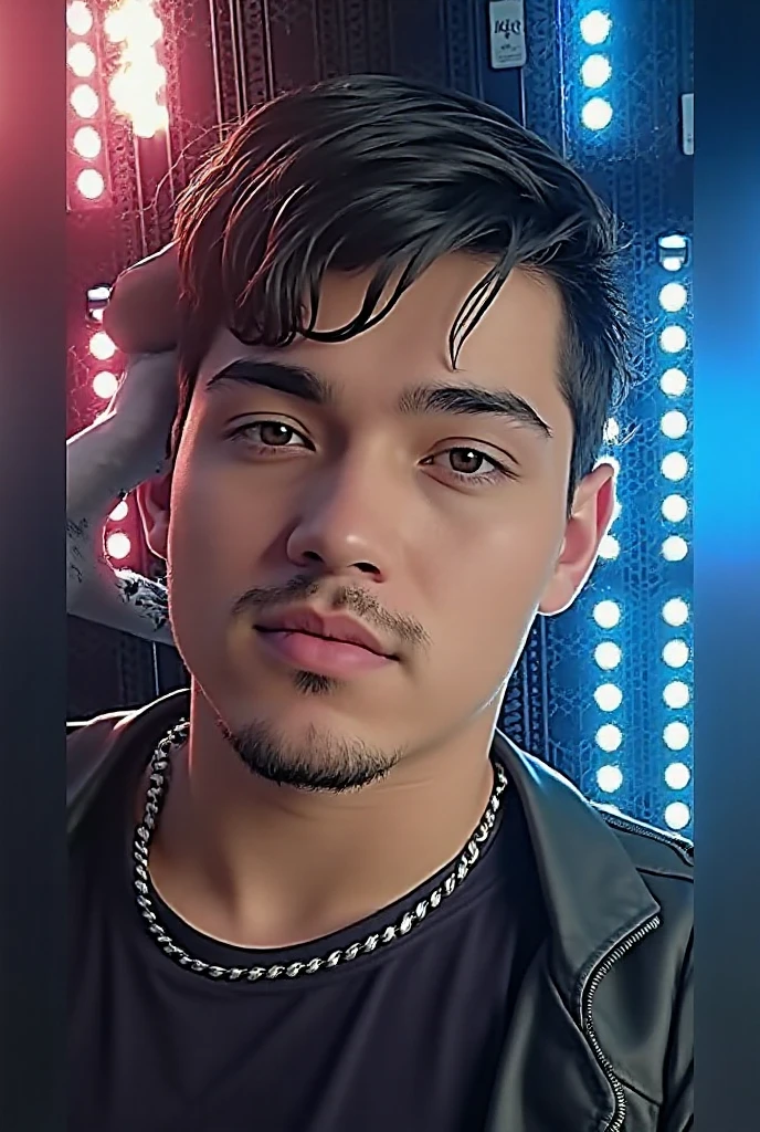Young AI high quality muscular tanned skin tattoo name ruy on neck piercing gaze pink mouth with bedroom background