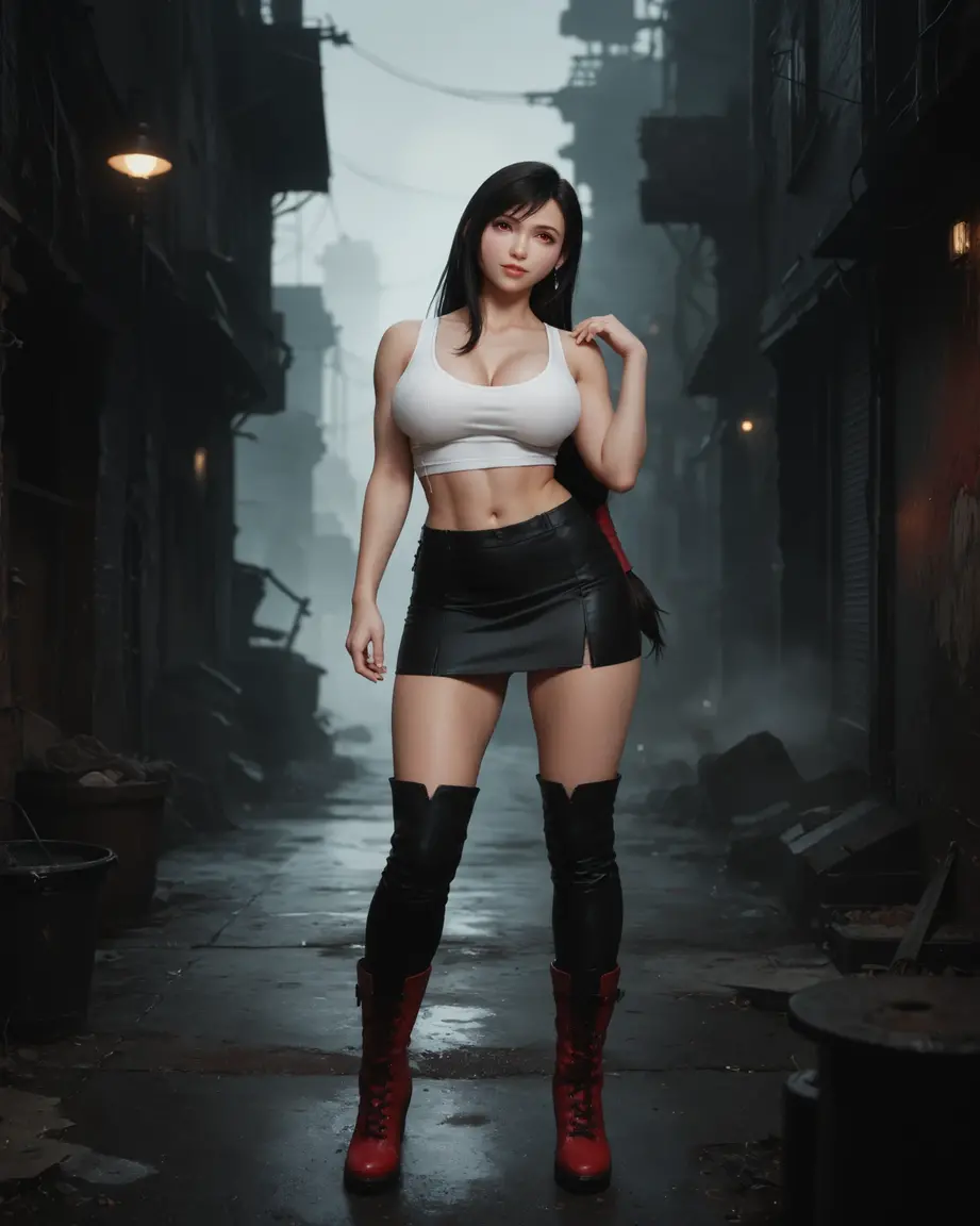 photo-realistic,Realistic illustration in Manga style,((Masterpiece)),((Best quality)),((Ultra detailed)),((1girl)),((solo)),((Waifu:1.5)),Perfect ???????,Cute_face,waifu Tifa Lockhart final fantasy 7 remake,wet clothes,white blouse,black Miniskirt,black socks,Red_eyes,wavy hair,eyeliner,cute Makeup,((Perfect detailed eyes )),cyberpunk city,rain outside,nighttime,((Extremely CG Unity 8K Wallpaper)),Intricate details,extremely beautiful and aesthetic,Octane rendering,full body portrait,wet skin,((perfect detailed body)) 