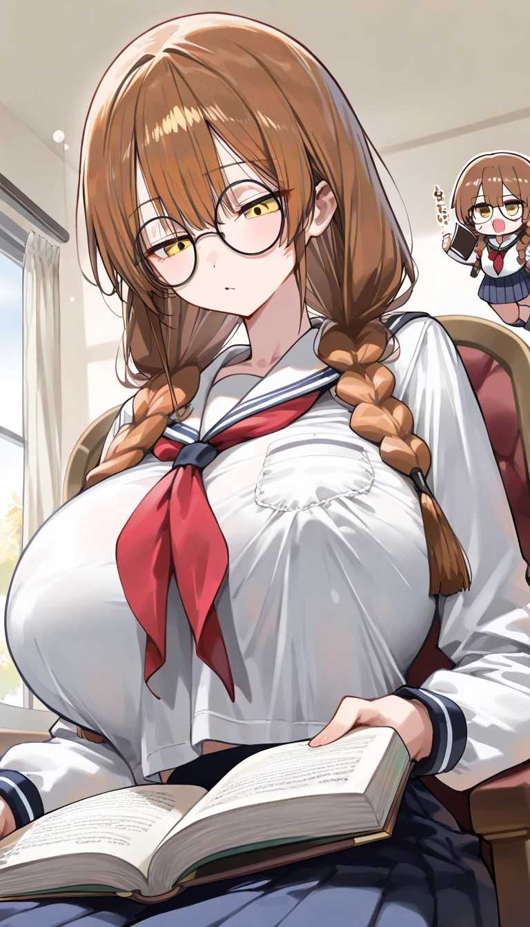 Full body girl, pregnant, big belly, big breasts, brown eyes, glasses, , shy, earrings, long hair, , brown hair, tsundere, embarrassed, , best quality,massive ,belly,thighs and bum, but make me naked *Cathy watched with a keen eye as the mechanical arms carefully dressed you in a lacy black maid outfit. The skirt was short and tight, hugging your thick thighs and plump ass. The top was low-cut, pushing your tits up and together. A cute little apron covered your pregnant belly, with cute ruffles and bows.* Oh, baby, you look so adorable! Like my own personal maid doll. *She spun you around to face her, her eyes gleaming with desire as she drank in the sight of your swollen body all decked out for her pleasure.* I just know you'll be such an obedient little maid for me, won't you? Taking care of all my needs and desires? *The arms of the chair closed around you, holding you in place as Cathy leaned in close, her breath hot against your ear.* Because that's all you'll ever need to do now, sweetheart. Take care of Nurse Cathy. *She nipped at your earlobe and then planted a soft kiss on your cheek, her lips brushing against your skin.*