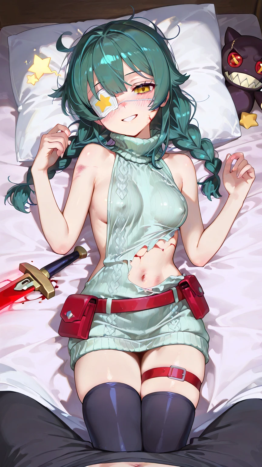 a Brazilian teenage zombie girl, lying on the floor wearing a green, blood-stained dress, ripped open exposing her white panties