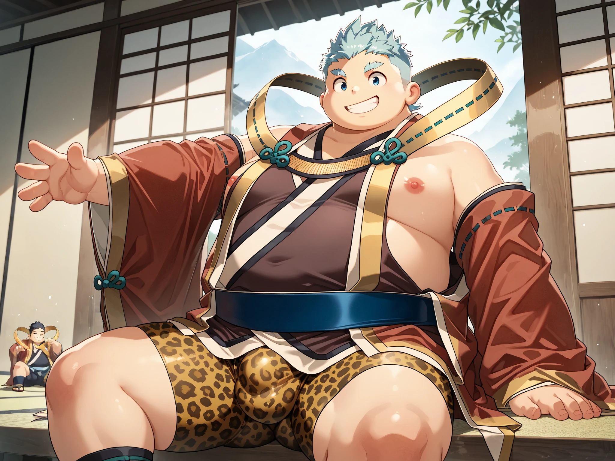 ((androgynous)), beautiful, (very short hair), (pudgy face), (thick),(ikemen), ((boyish)), (handsome), (chubby), belly, muscular, (beefy), (warrior), (loincloth), (Topknot), (cool), (nipples)