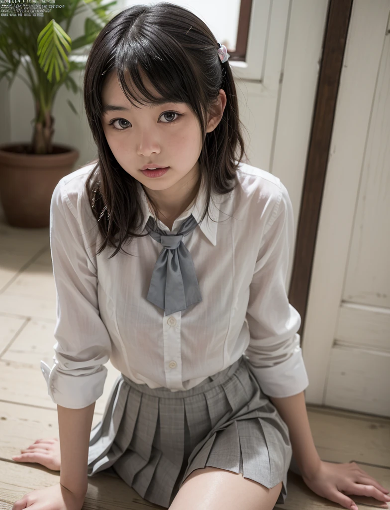 ((highest quality, masterpiece :1.3)), Photorealistic、Ultra-high resolution、Natural skin texture、Hyperrealism、Photograph from the knee up、12 year old beautiful Japanese girl、Twin tail hair、well-shaped breasts、White collared shirt and tie、mini skirt、Frightened expression