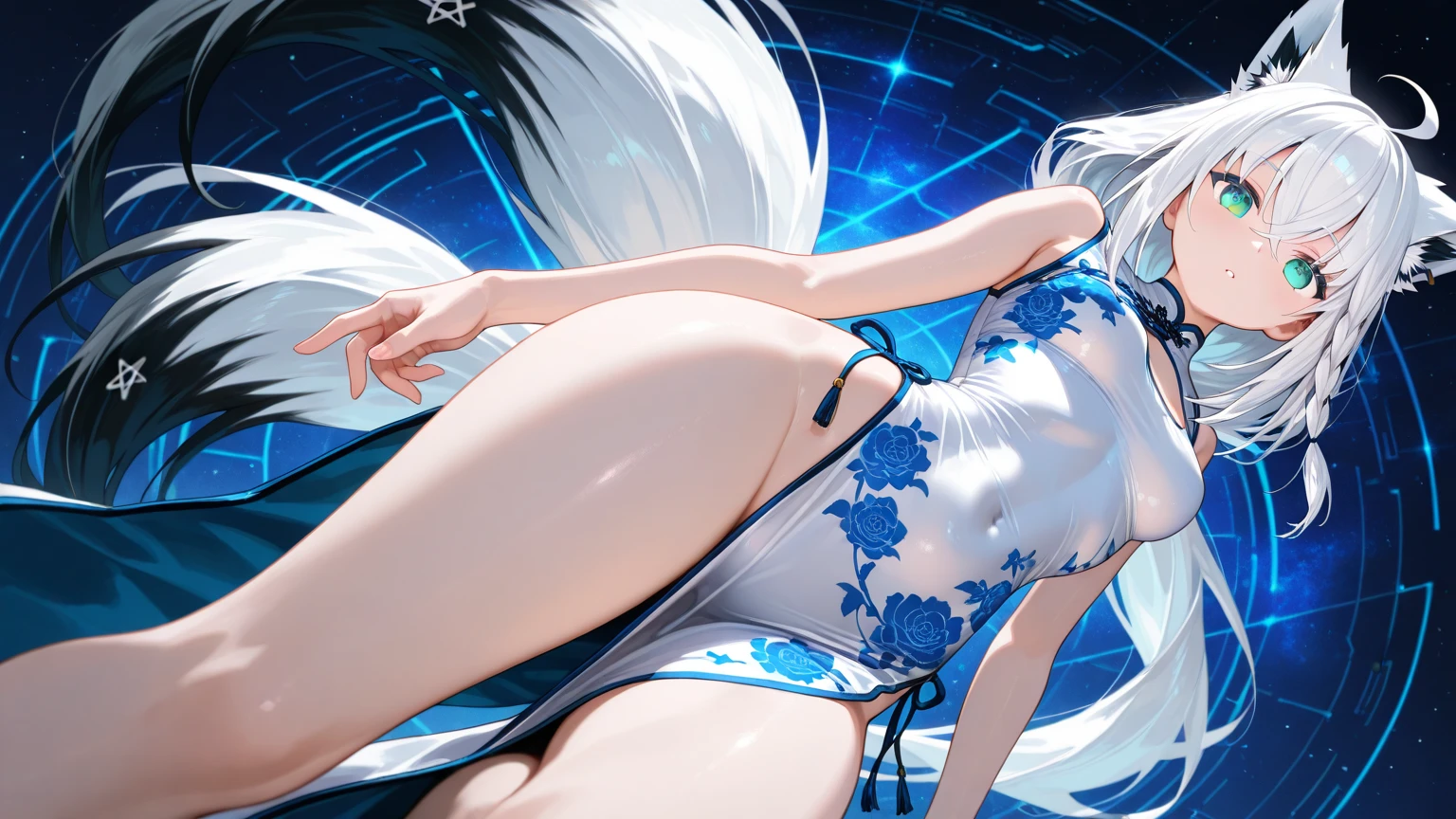 A woman,White long hair,Blue Eyes,Wear a white bikini,Hanfu,Long legs,Nipple protrusion,Twenties,exposed,White high heels,Huge breasts,超级Huge breasts,Foot ring,barefoot