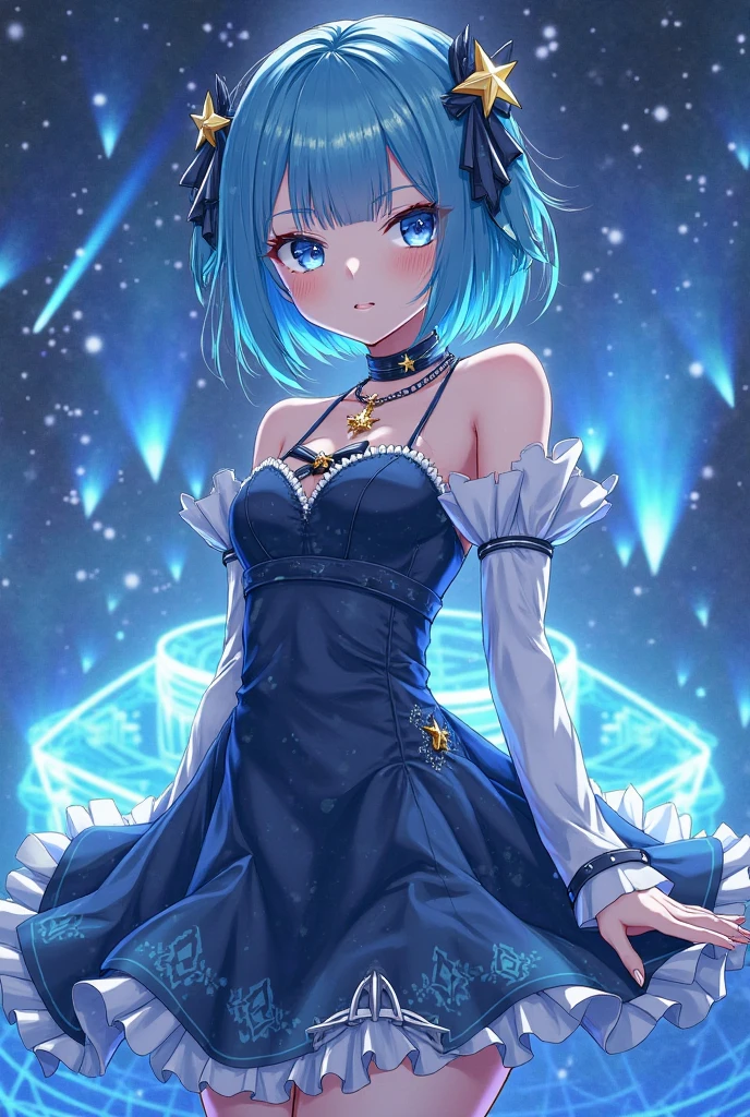 masterpiece, high quality, 8k, beautiful lighting, 1girl, solo, akane, stars simple background,   upper body, see-through sleeves, dress, blue dress