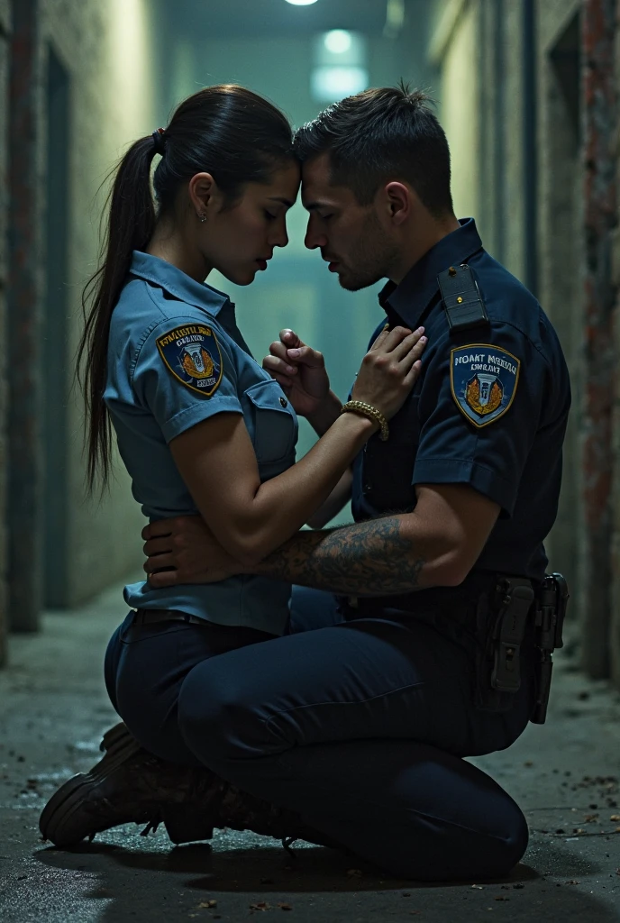 Hostess in blue uniform black leather gloves working on a airplane having an affair with a black passenger. ((kissing a man, grabbing her hair)) (masterpiece), (best quality), (ultra-detailed)
