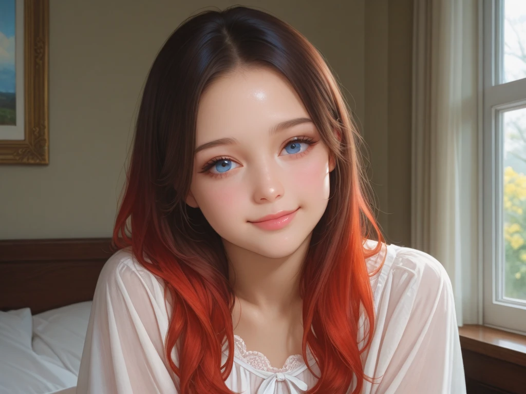 A majestic 20-year-old beauty sits in a charming French-inspired café, her stunning multicolored locks styled in a high-end French braid. She dons a vibrant red dress that accentuates her curves, as she indulges in the sweetness of a ripe strawberry. Her very detailed face shines with a bright smile, complemented by her striking blue and brown eyes that sparkle like gemstones. The 8K resolution captures every strand of hair, every freckle on her cheeks, and every eyelash framing her gorgeous gaze, ImgFixerPre0.3