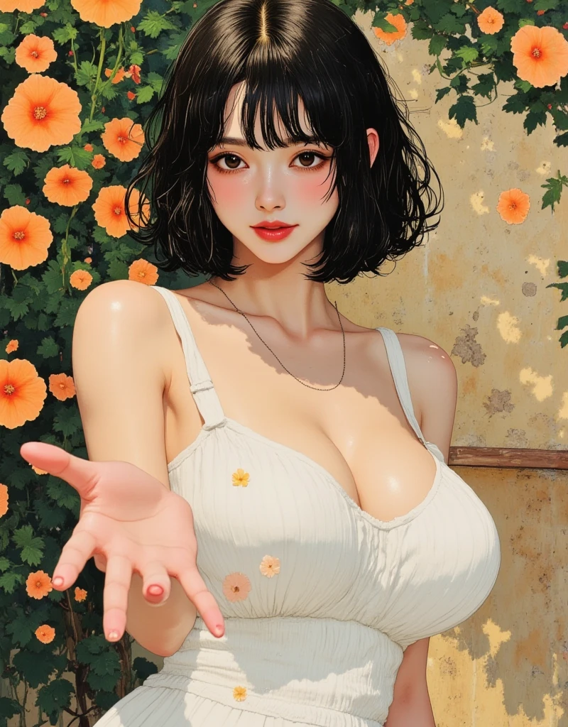 1girl,leogirl,tsurime,solo,(smiling,happy:1.3),(bright red lips,blush:0.8),nude huge breasts,(sagging breasts,nipples:1.3),<lyco:Saya-sagging breasts:0.25>,braids,walking,pose,nsfw,(necklace,earrings),
(multicolored background,black lace chiffon dress\(((black)),see-though,high-waist\),with sleeves\(see-though\),topless,bare shoulders,off shoulder,bare thighs:1.2),<lora:add_detail:0.33>,<lora:epi_noiseoffset2:0.5>,<lora:FilmVelvia3:0.25>,
(dreamflower,multicolored_background,A melancholic autumn scene in a vast flower field,a gentle breeze rustling through the dry grass,fallen leaves scattered among the flowers,a bittersweet atmosphere,a moment of quiet contemplation,Soft and warm color palette,delicate brushwork,evocative use of light and shadow,subtle details in the wilting flowers,high contrast,color contrast),<lora:dreamflower:0.4>,<lora:FlowerGarden_v1:0.2>,
masterpiece,official art,best quality,high quality,highres,natural light,ray tracing,volumetric light,realistic,photorealistic,ultra highres,vivid,nostalgia,bokeh,