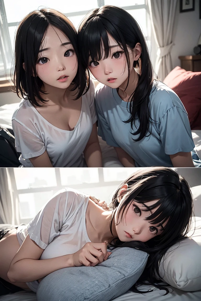 ((highest quality)), ((masterpiece)), (be familiar with), perfect face,、Magical girl、tattered clothes、(((big breasts)))、bob cut、green hair、beautiful armpits、big nipples、cute face、teenage girl、(I can see the ribs)、Are thin、thin waist、(wet)、inside the room、beautiful nipples、beautiful breasts、white skin、fluffy hair、smile、wink、close one eye、2 girls、attach breasts、red face、shy face、distorted breasts、Squashed、young girl、((attach the nipples))、((sensual face))、curly hair、hair with volume、open your mouth、on the bed、lie down、Glasses、Squeeze your、breast milk comes out、
