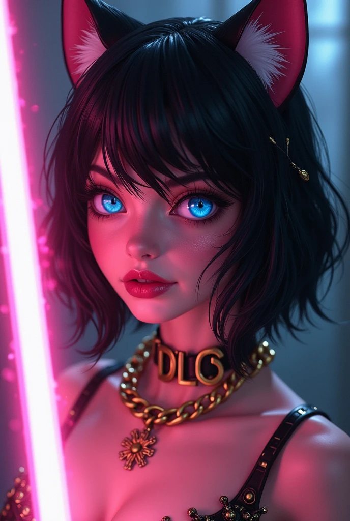neonpunk style Gothic style beautiful woman,,,sheer clothes,platform heels,Vibrant Pink lipstick,iridescent trim,Gray eyes,eyeshadow,makeup,earrings,hairclip,pointy ears, . Dark . cyberpunk