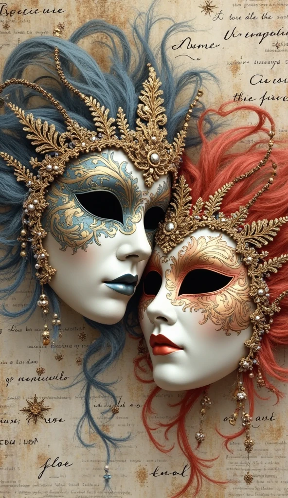 Two Venetian carnival masks are richly decorated with gold and silver patterns and details, lace and beads, luxury and mystery. Against a background of handwritten text and abstract elements, The depth and complexity of the composition. The color palette is bright: red, black, white, gold and silver. 