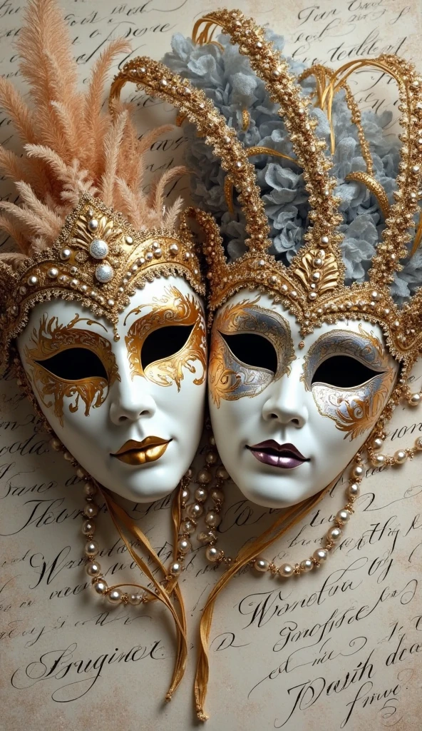 Two Venetian carnival masks are richly decorated with gold and silver patterns and details, lace and beads, luxury and mystery. Against a background of handwritten text and abstract elements, The depth and complexity of the composition. The color palette is bright: red, black, white, gold and silver. 