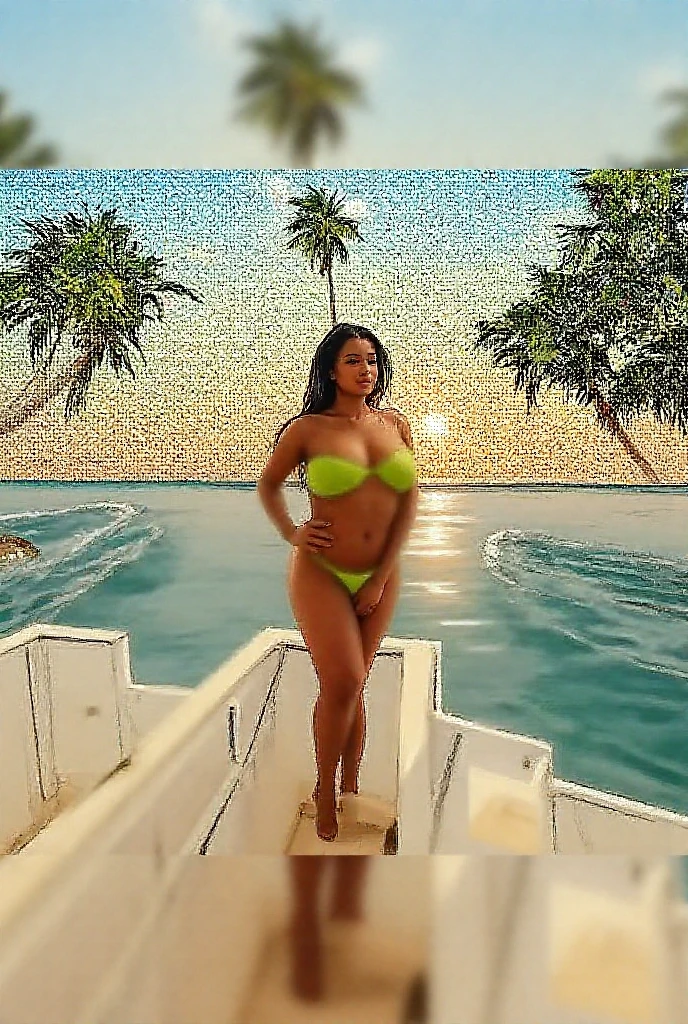 8k, masterpiece, RAW photo, best quality, photorealistic, extremely detailed CG unity 8k wallpaper, Depth of field, Cinematic Light, Lens Flare, Ray tracing, (extremely beautiful face, beautiful lips, beautiful eyes), intricate detail face, ((ultra detailed skin)), ((1girl:1.9)), ((alone:1.9)), ((seductively standing pose)), at sunset in white sand beach, deep shadow, sharp focus, [((Raiana-Elizabeth-Dilla:1.9))], pretty girl, (very slim slender fit-muscled body:1.9), ((beautiful legs:1.4)), (big smile:1), (sexy ((see-through)) ((ultra-short ((red:1.2)) chic-style lingerie))), (((aesthetic sunset scene,secluded picturesque beach,palm tree lined beach,gentle waves crashing against the shore,silhouettes,warm golden light,serene atmosphere),(dreamy,ethereal,soft,serene),(detailed sand texture,sparkling water,ripples in the sand,swaying palm trees))), ((vivid colors,warm tones),(soft natural lighting,romantic atmosphere)), (blurred background:1.4), beautiful earrings, bracelets, necklace, red pendant, clear eyes, ((tattoos)), (pale skin), (face forward), ((full-body:1.8, cinematic shot)), soft lighting, (long black hairs), (looking at viewer:1.8), cleavage breasts, (large breasts:1.6), touching the breast, highly detailed, ultra realistic, extremely detailed and realistic ((red:1.2)) clothes.