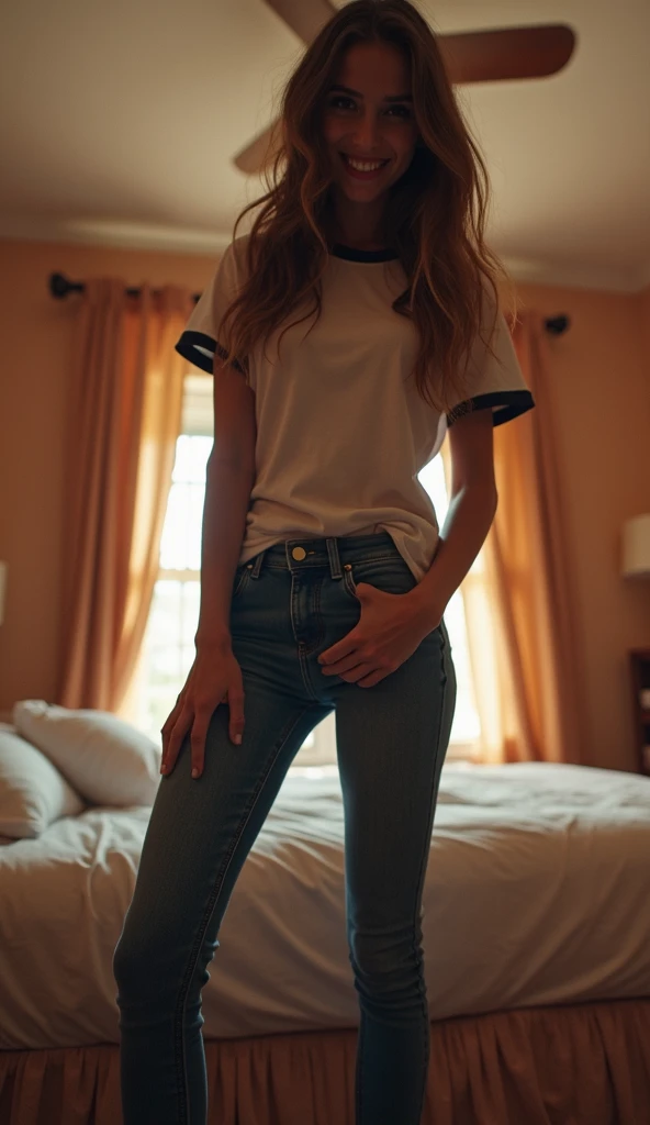 (insanely detailed), (16k), ((no humans)), ((invisible)), ((faceless)), ((headless)), ((empty clothes)), ((huge breasts)), girls' jeans as if possessed by invisible girls, huge breasts, (lying on the bed),