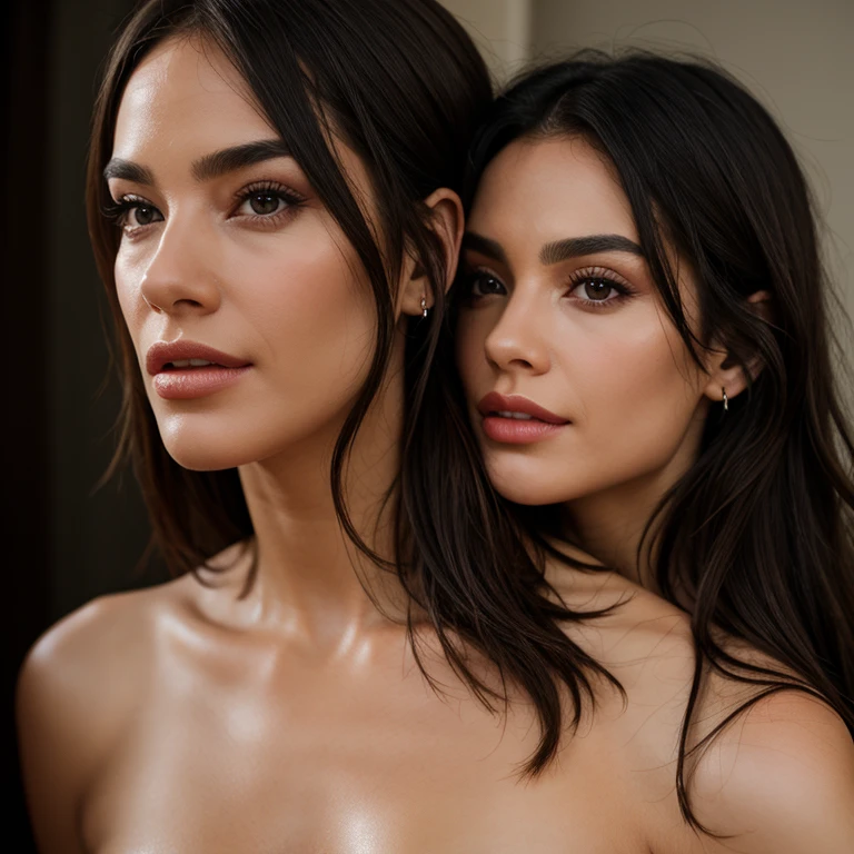 Two beautiful naked women with their heads and hands on the floor