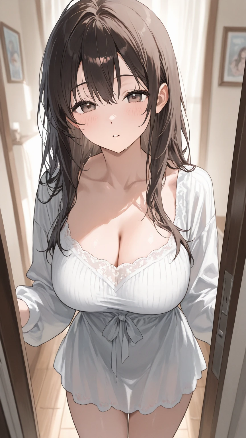 nozomitoujou, nozomi toujou, green eyes, brown hair, curly hair, large breasts, masterpiece, best quality, high resolution, beautiful detailed eyes, extremely detailed face, good lighting, detailed CG, messy hair, glossy lips, worried, nervous, changing room, skinny, sexy outfit