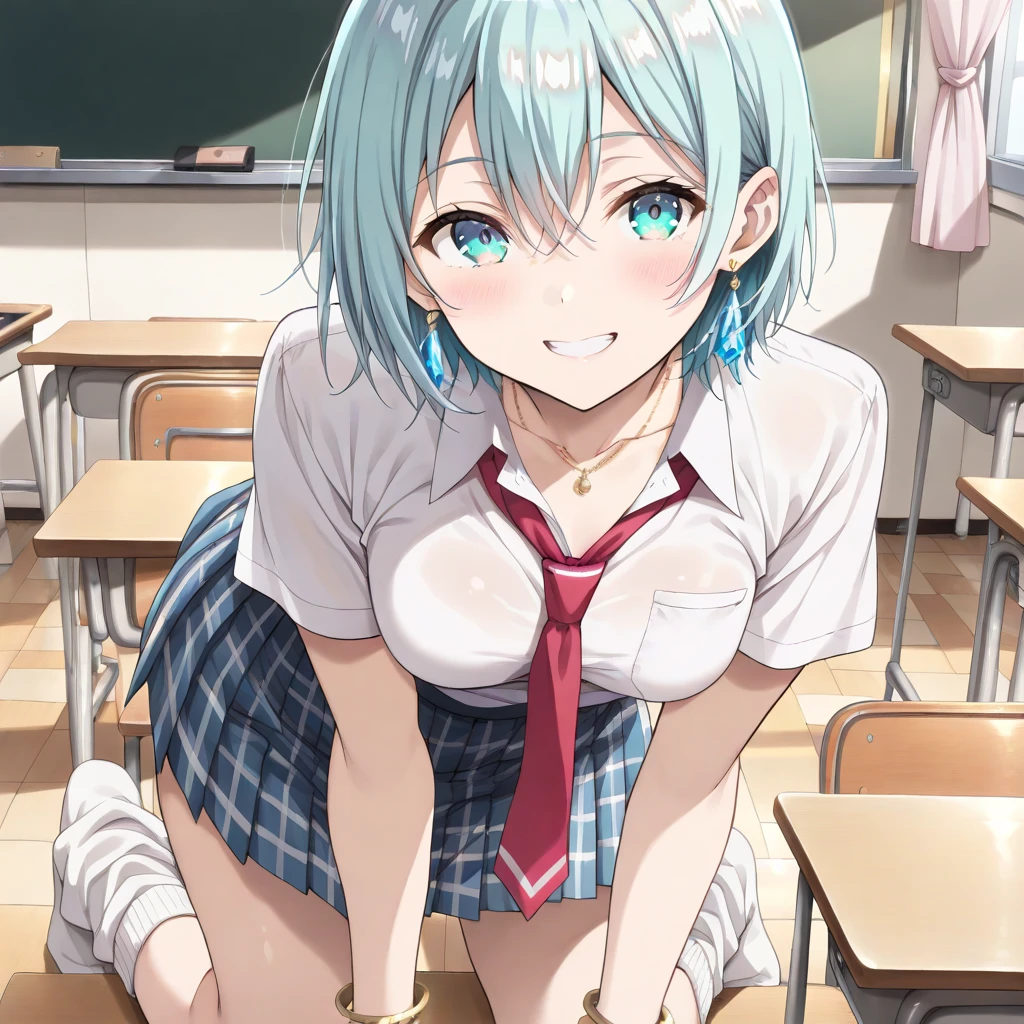 small breasted girl, short, elementary school student, blue hair, fishtail braid, blue eyes, round eyes, shy, shy, classroom, naked, short, young face, short height, peeing , has a buttock