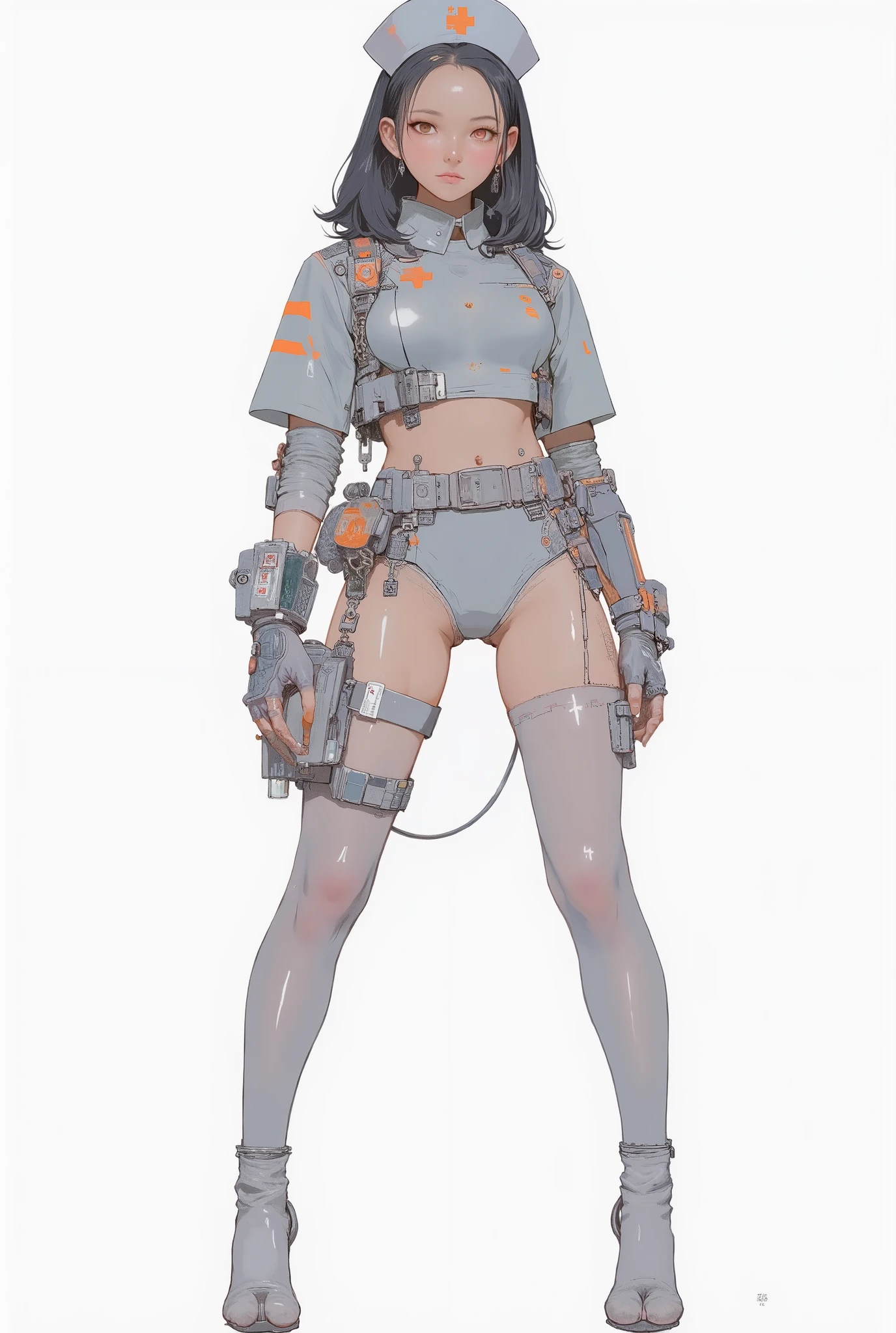 A striking illustration depicts a woman dressed in a futuristic nurse outfit. The design combines elements of medical attire with a sci-fi aesthetic, featuring a tight-fitting grey uniform accented by orange lines and symbols. Her outfit includes a nurse's cap marked with a distinct red cross, elbow-length gloves, and thigh-high stockings with a sheer texture, all maintaining the grey and orange color scheme. Around her waist, she carries a belt laden with medical tools and supplies, hinting at functionality amidst the stylized appearance. The ensemble is completed with sleek heels matching the overall theme. Her pose is confident, with an air of assertiveness, enhanced by the dynamic angle of her stance. Bright lighting highlights the textures and details of her costume, creating a dramatic and vivid depiction that emphasizes a blend of medical traditionalism and modern fantasy.