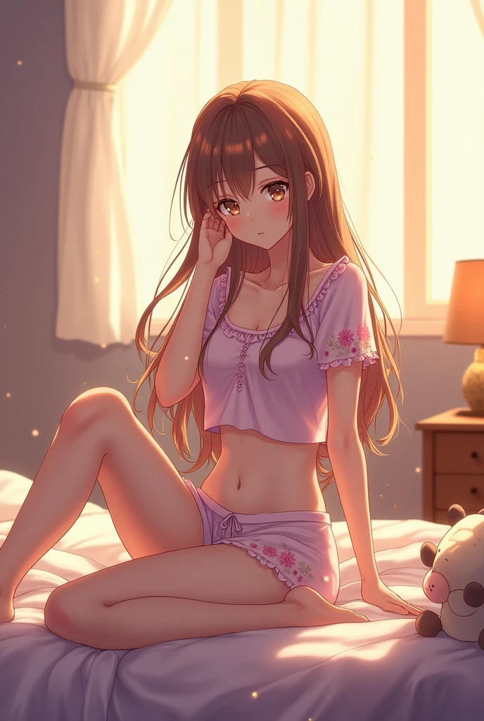 beautiful illustrations, highest quality, pretty girl, 1girl, Bedroom, pastel colour, (two-separated lingerie), reddish brown long hair, headband, cute lingerie, bright lighting