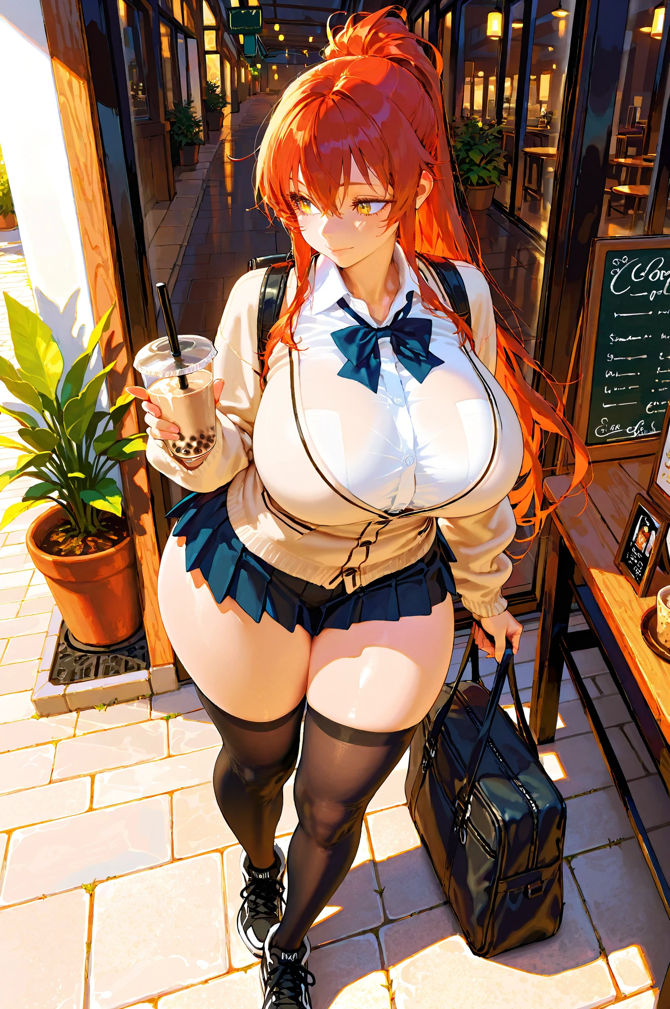 /draw ai_generated curvy_body curvy_female curvy_figure The average cup size female_only huge_breasts looking_at_viewer +maid solo_female solo_focus stable_diffusion waitress orange_hair green_eyes lifts the skirt showing black panties legs in pantyhose