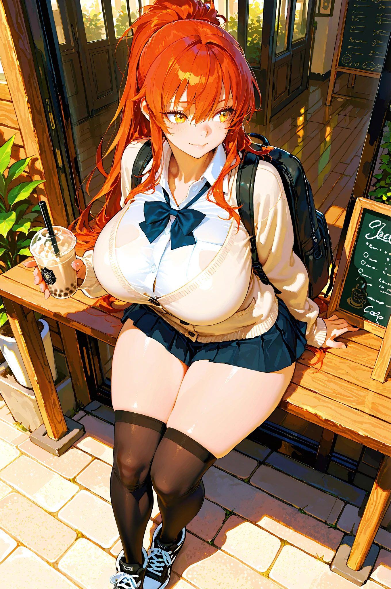 Seductive anime girl, school uniform, (pleated skirt), brown loafers, 4K digital art, glamor girl, ultra-realistic painting, excessive art, 8K high quality detailed art, frilly panties, curvaceous tanned gal, dress shirt, cardigan, brown wavy hair, tanned skin, loose socks, having lunch at a cafe, blushing, attractive figure,