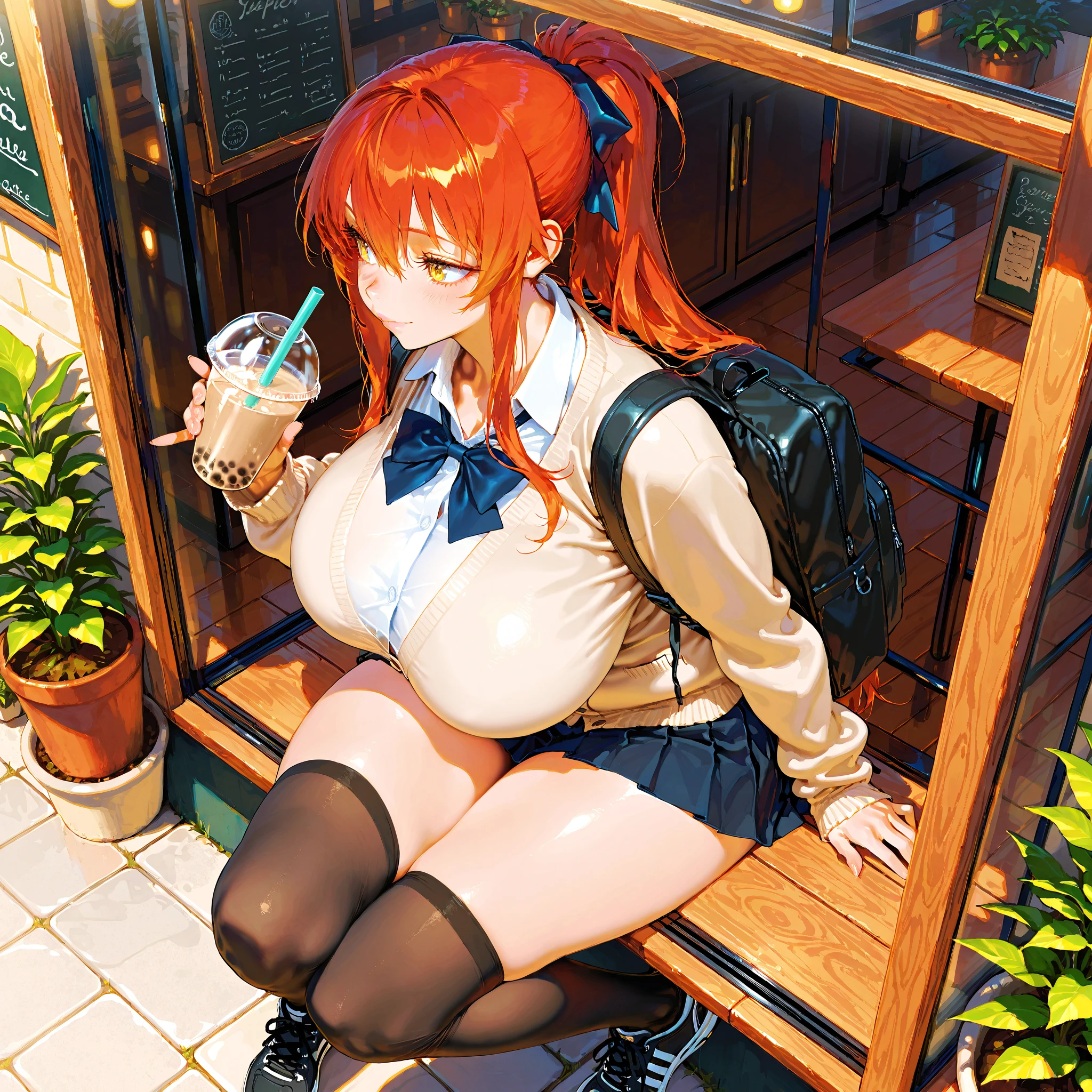 extremely beautiful woman, with peach skin and long, curly red hair, She is wearing a sexy tight light blue short sleeve blouse with a low neckline and a super small light green tight mini skirt , hourglass-body, big breasts and big thighs, Broad Hips, (((boba)))