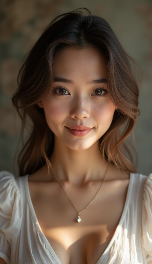 white model slight smile, brown eyes, luxury background, cinematic, smiling and looking at the camera, perfect, ultrarealistic, 50mm, still background, calm, 8k, highly detailed  Negative prompt: moving, morphing, stretching, breaking, stretch, move, fast, break, morph, pixelated, blurry, imperfect, glowing