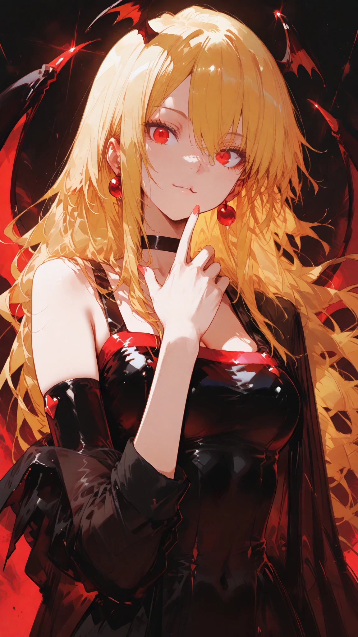 Mass Manager, Stop 4, Long Hair, Swollen eyes:1.7), (Yellow Hair:1.5), Blunt bangs, (Both sides up:1.5), Red lips, lipstick, alone, One girl,大きな胸
break thighhighs, dress, jewelry, clavicle, boots, Removable sleeves, choker, Black knee socks, necklace, Black footwear, Black crop top, Garter Straps, Black Box, cross, Red nails, cross necklace,White panties、
break looking at viewer,
break indoors,
break (masterpiece:1.2), Highest quality, High resolution, unity 8k wallpaper, (figure:0.8), (Beautiful attention to detail:1.6), Highly detailed face, Perfect lighting, Highly detailed CG, (Perfect hands, Perfect ???????), (((Red eyes)))
