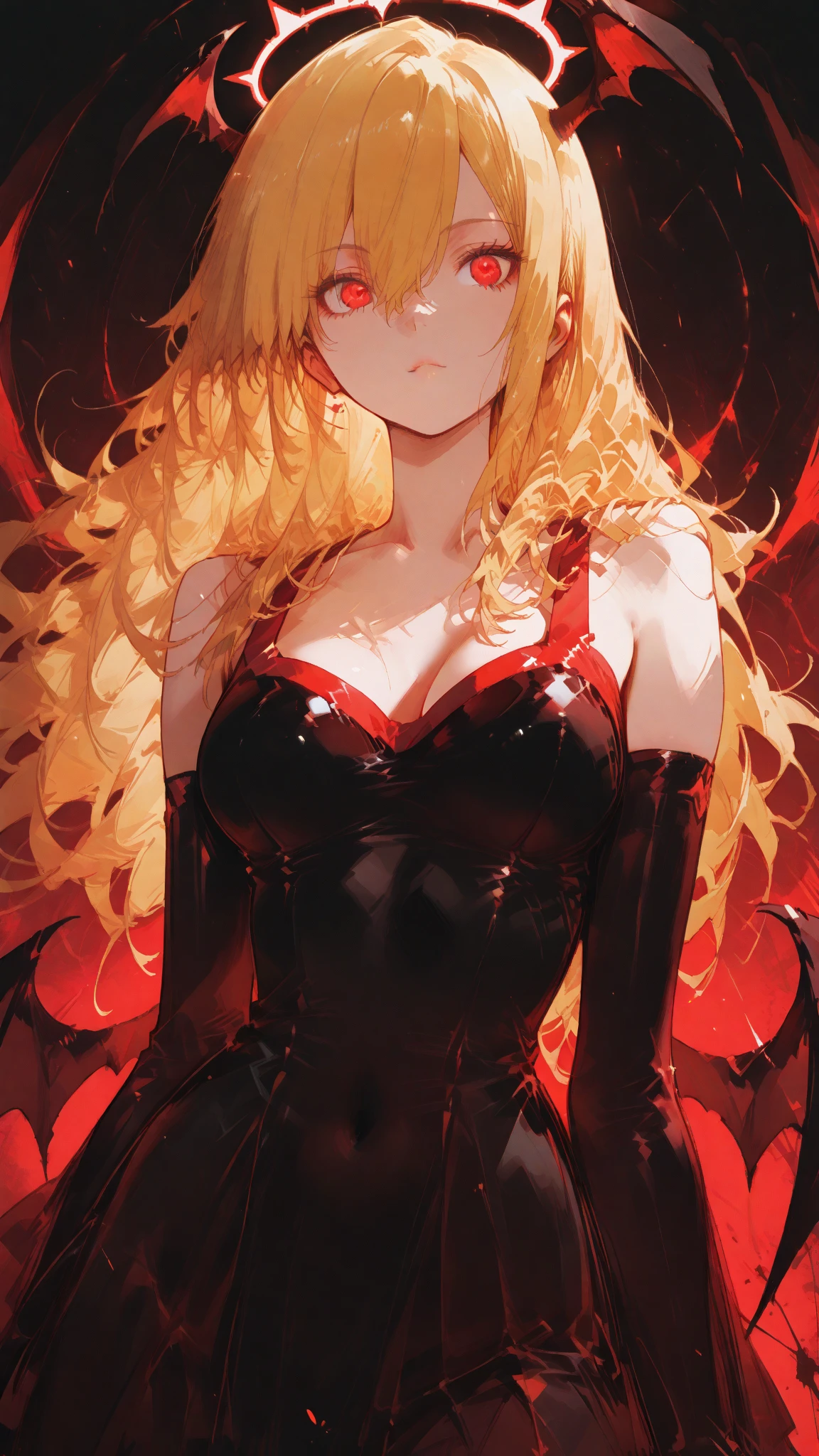 (masterpiece, best quality:1.5), (ultra detailed, high resolution, 8k, beautiful detailed, UHD, best anatomy), blonde hair, medium breasts, devil king, Castle of the Demon King, dark night, eerie, ominous, Eerie Smile, madness, the supremacy of a devil king