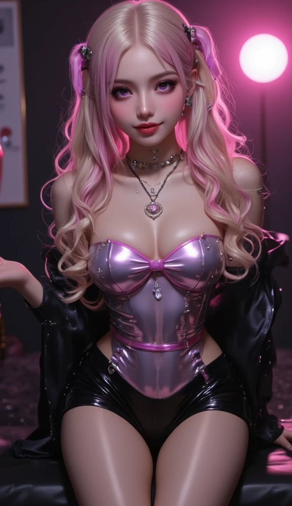 full detailed young skinny body, masterpiece, devout skinny ariana grande with small firm breasts, pink hair, slutty make-up, thick dark eyeliner, smokey eyes, shy, aroused, pink braids, longing, ,intricate translucent goth latex dance dress,lace chocker, tongue out, heart-shaped pupils NeonHypnoPMV, purple_eyes, cameltoe, pussy, view from above, eyes upwards, seductive look, photoshoot, (realistic, photo-realistic:1.37), (21 years old woman), small waist, pink braided hair,beautiful face, perfect illumination, beautiful detailed eyes,looking at viewer, stunningly beautiful woman, detailed hairstyle, detailed background, shorts, in city, (sweat:1), small firm tits, flatt chest
