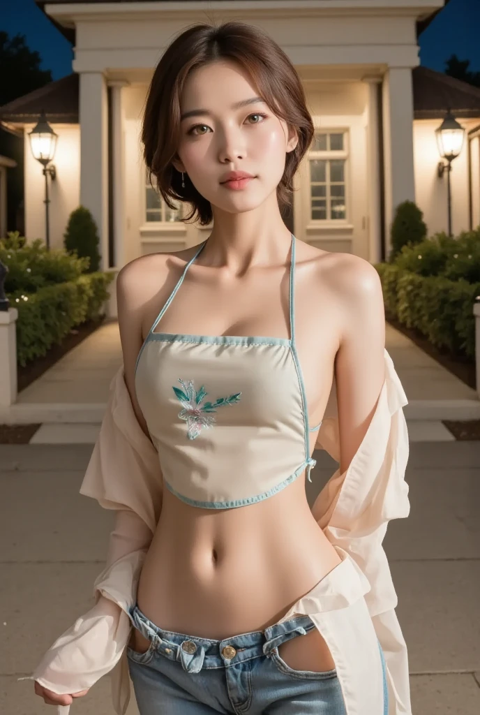 Best Quality, Masterpiece, Ultra High Resolution, (Realistic: 1.4), Xiuxian, Smiling, Shy, Belly Button, Delicate Makeup, Gorgeous Jewelry, Horse Face Dress, Detail Face, 1 girl, white clothes, lotus print, maple leaf print, solo, weapon, (magic circle: 1.2), Xiuxian, upper body, beautiful girl, half-body, East Asian architecture, sheath, construction,