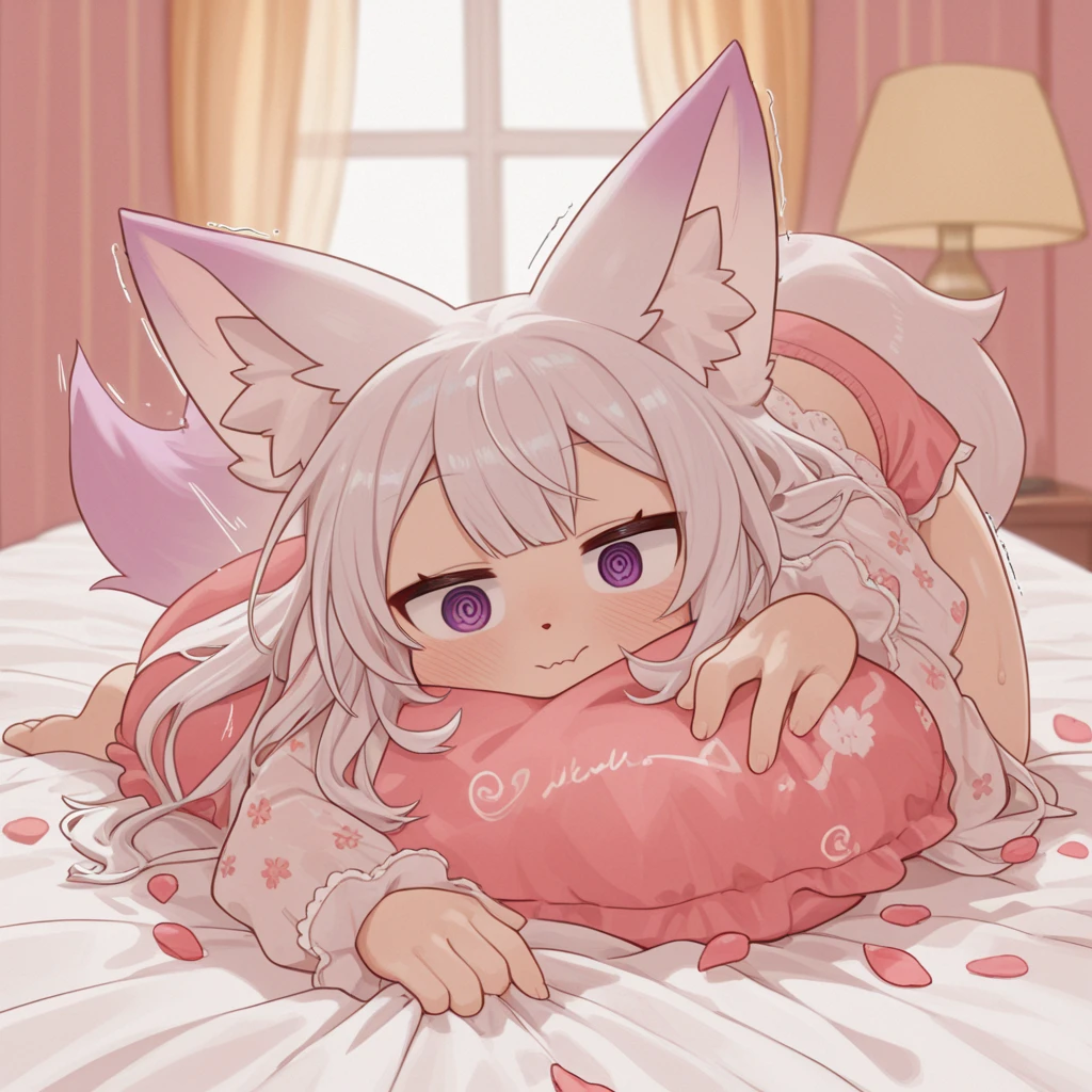 (masterpiece:1.2,high quality),8K,High resolution,A seven-year-old girl,cute girl,white hair,long hair,crossed bangs,hair bell,hairclip,hair two side up,Sleeping,heart ahoge,cat ears,laughing,skin fang,saliva,Wear a white hoodie,no shorts,Strawberry pattern panties,Bows on panties,Lying in the forest,There are flowering trees on both sides,primary school student,thigh,Calf,white socks,cat tail,alone,(Put your hands in your pockets)