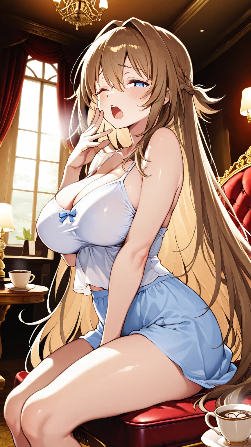 Masterpiece、Highest quality、Super detailed、1 girl、Big Tits、Cleavage、Blonde、Fluffy and soft long hair、Pink bristles、Sailor suit、bra、underwear、Cafe、Light of the sun、smile、choker、Pink Lipstick、garter、Belly button
