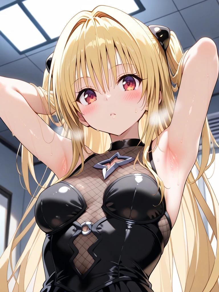 macro lens, Hmm, retina, masterpiece, highest quality, High resolution, 1080p, 16k, alone, 1 girl, blonde, twin tails, sexy, smile, Charm, medium breasts, (See-through white leotard:1.1)