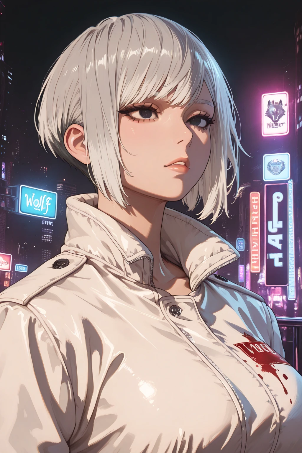 (artwork:1.3), (masterpiece:1.4), (detailed eyes:1.2), (perfect face), (cinema lighting), artistic tones, (illustrative cinematic), (pop art), (1girl) short white hair, (shimmering red detailed eyes:1.4)0.7], fair skin wearing black jacket, face facing the viewer, serious, neutral, imposing expression, gothic background, of city ​​at night, lights dim, dim, tender, (with some blood his face, near the eye, mouth, giving the scene a dramatic look:1.4)
