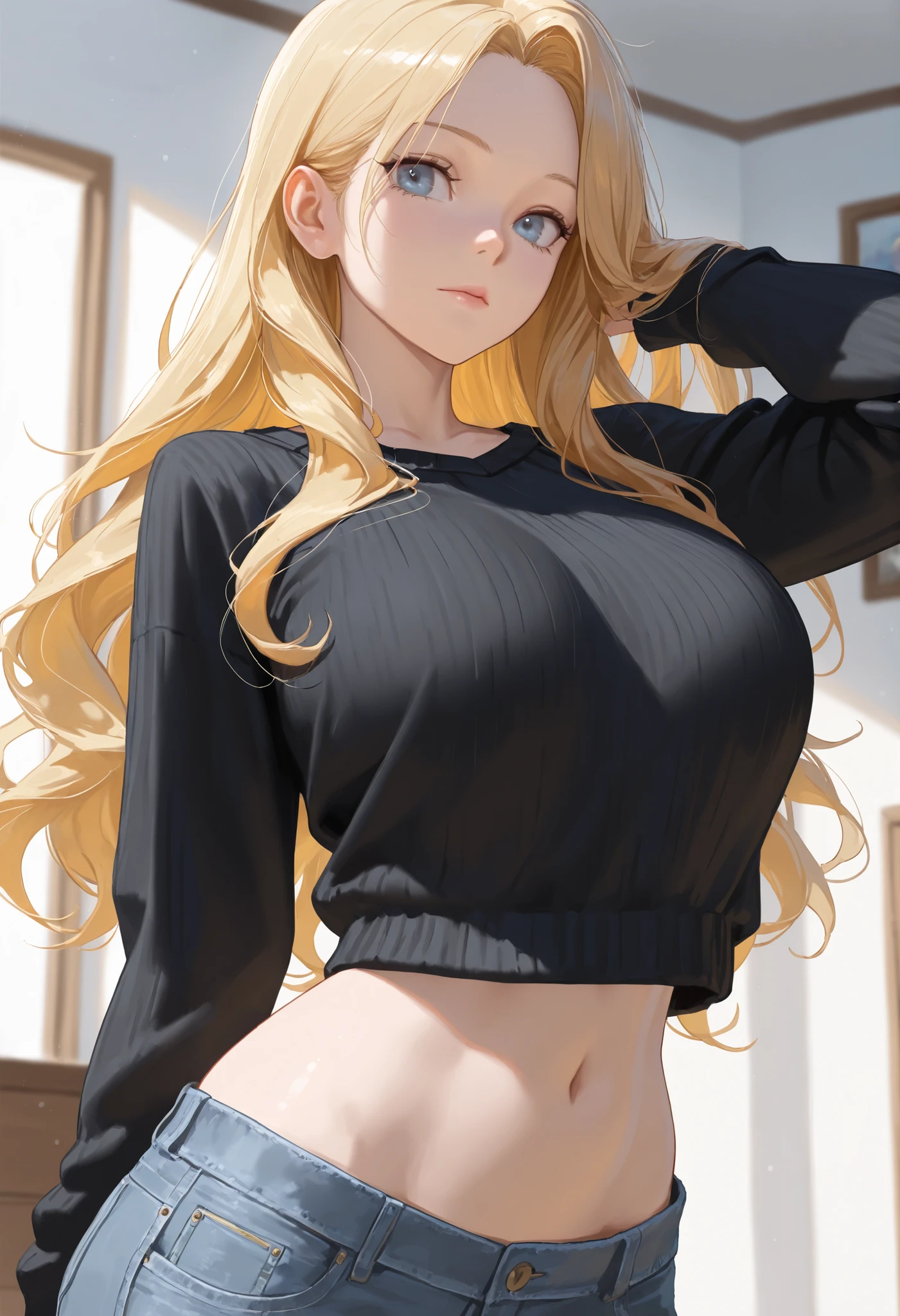 (photorealistic:1.4), (masterpiece, sidelighting, finely detailed beautiful eyes: 1.2), masterpiece*portrait, realistic, 3d face, glowing eyes, shiny hair, lustrous skin, solo, embarassed, (midriff), black underwear, blonde hair,Jeans that accentuate the hips and buttocks