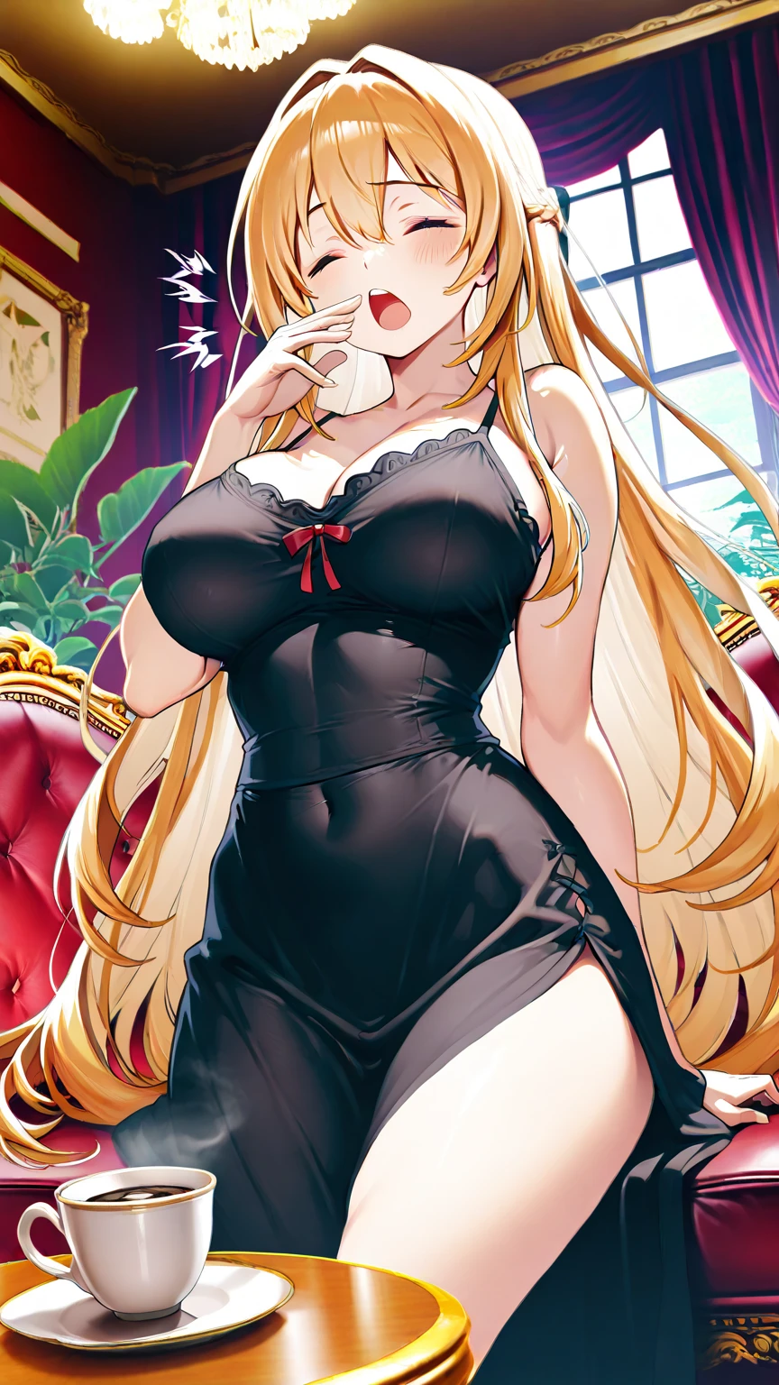 (masterpiece),(ultra-detailed), (high quality), (high resolution), (best quality:1.5, highres, UHD), highres, absurdo, ultra detail, ultra quality, Ultra resolution, 16k, 1girl, (3heads:1.5), girl with three heads, golden blonde hair, (((same identical hair color))), black dress, large breasts, cleavage,, charismatic, very shy, carefree, detailed hair,, (detailed glowing golden yellow eyes), Beautiful girl with accentuated slender abs