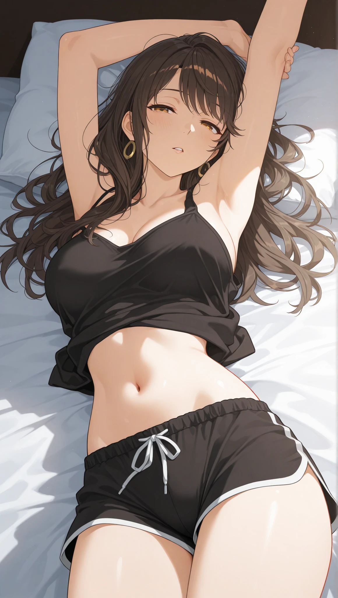 hair、Staring at the audience Black suspenders bulging big breasts wall: sight Small face holster Beautiful woman Show your hand Lying in bed sight Taunt side side汗 arm summer Armpit sweat smoll swimwear