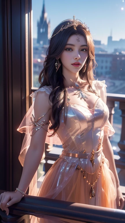 8K, UHD, MAsterpiece, best quality, 1 girl, ((realistic face)), happy pace, very long hair, small breasts, perfect waist, decorated dress, very beautiful ornaments dress, yellow color, ((lace)), mesh dress, mesh cape flowing, sardine, loops, ((ornaments)), legendary night balcony, ((night:1.5)), depth of field, cinematic lighting, chromatic aberration, motion blur, glowing light, god rays, ray tracing, ((reflection light)), backlighting, bloom, chromatic aberration abuse, multiple monochrome, chest pose,