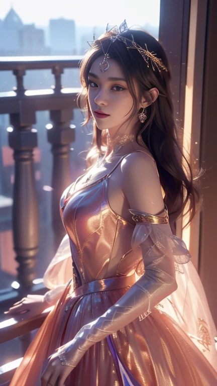 8K, Ultra HD, masterpiece, best quality, 1 girl, ((Realistic face)), Happy pace, Very long hair, Small Breasts, Perfect waist, Decorated Dress, very beautiful Decorations dress, golden, ((Lace)), Mesh dress, Flowing mesh cape, sardine, cycle, ((Decorations)), legendary night balcony, ((night:1.5)), Depth of Field, light, Chromatic Aberration, Motion Blur, 发光的light, Divine Light, Ray Tracing, ((reflected light)), Backlight, bloom, Chromatic Aberration abuse, Various solid colors, Abdominal poses,
